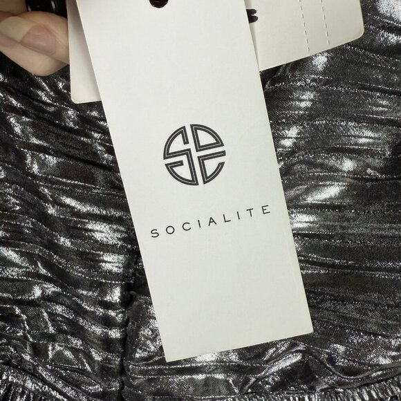 Socialite Metallic Midi Dress Silver Pleated XS NWT Ruched Bodice Holiday Party - Picture 10 of 13
